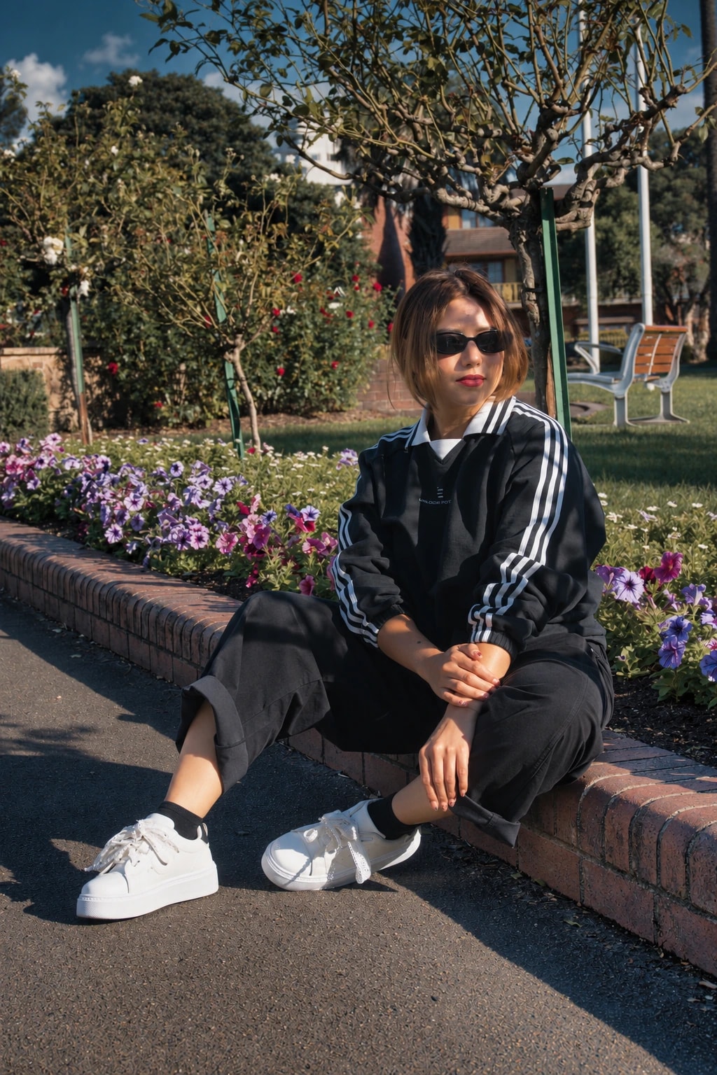 Mayte seated beside flowers in a black DIV3NITY jersey and sunglasses